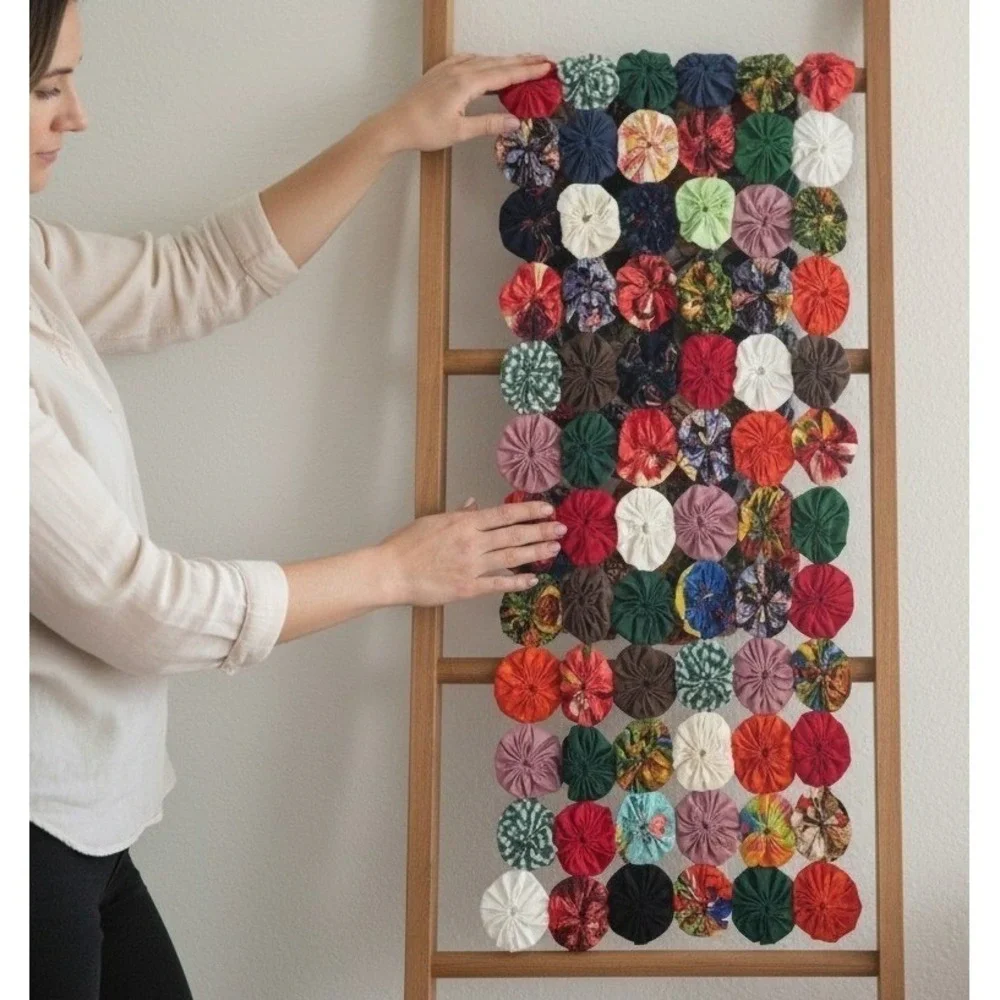 Handmade 2 Yo-Yo Quilt Textile‎ Art Boho Table Runner Wall Hanging Cottagecore
